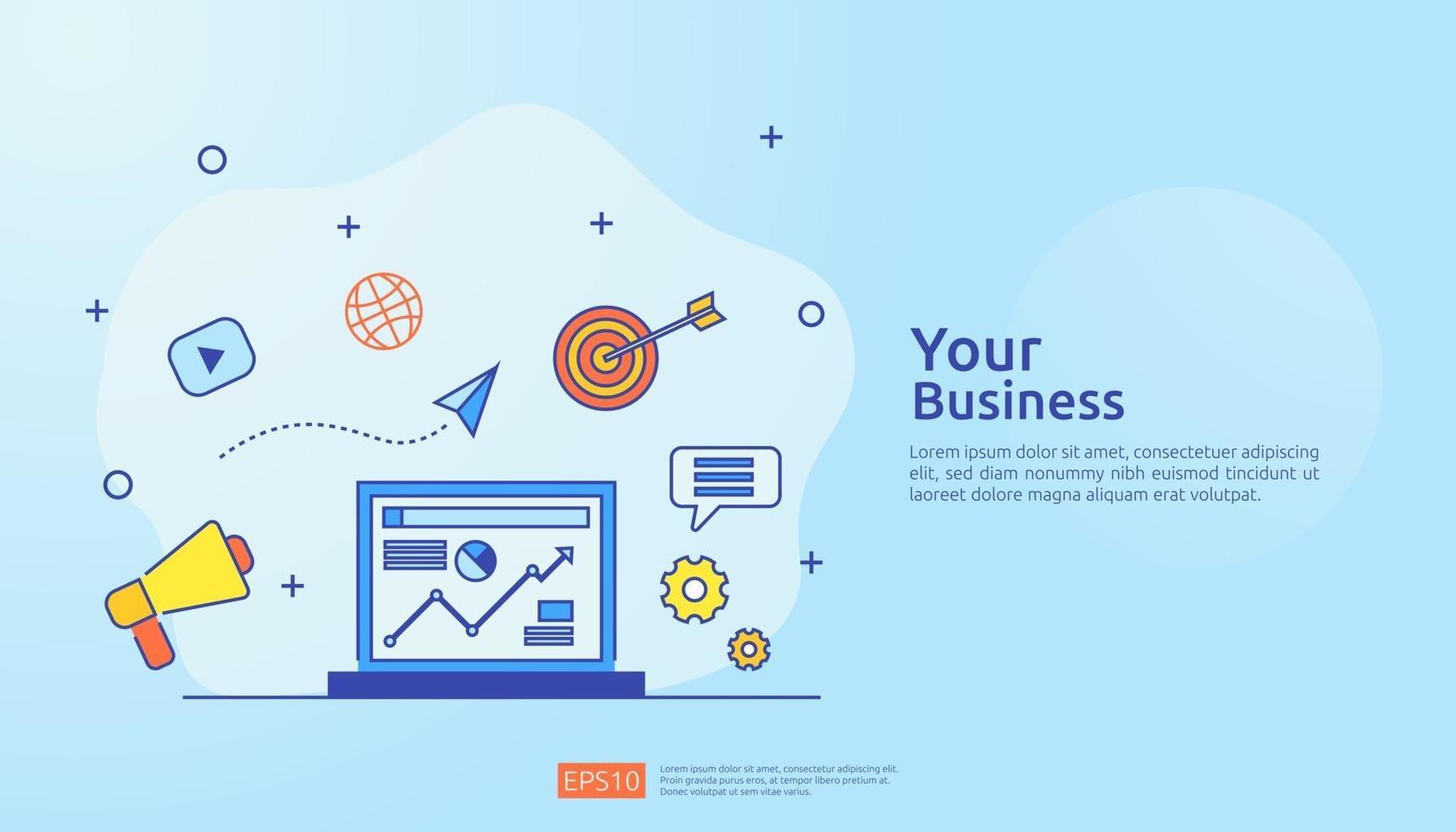 marketing concept with document data report. business statistics, investment analysis, planning research and finance audit with paper sheet chart, laptop, magnifier, paperwork, charts, graphs element vector