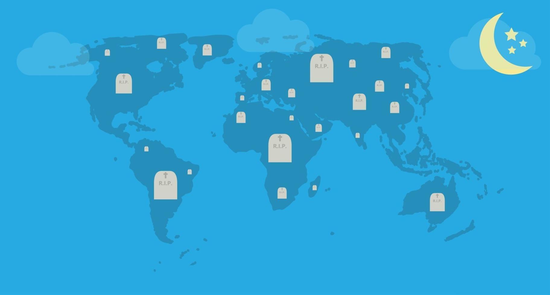 RIP. Tombs on the World Map. Vector Illustration.
