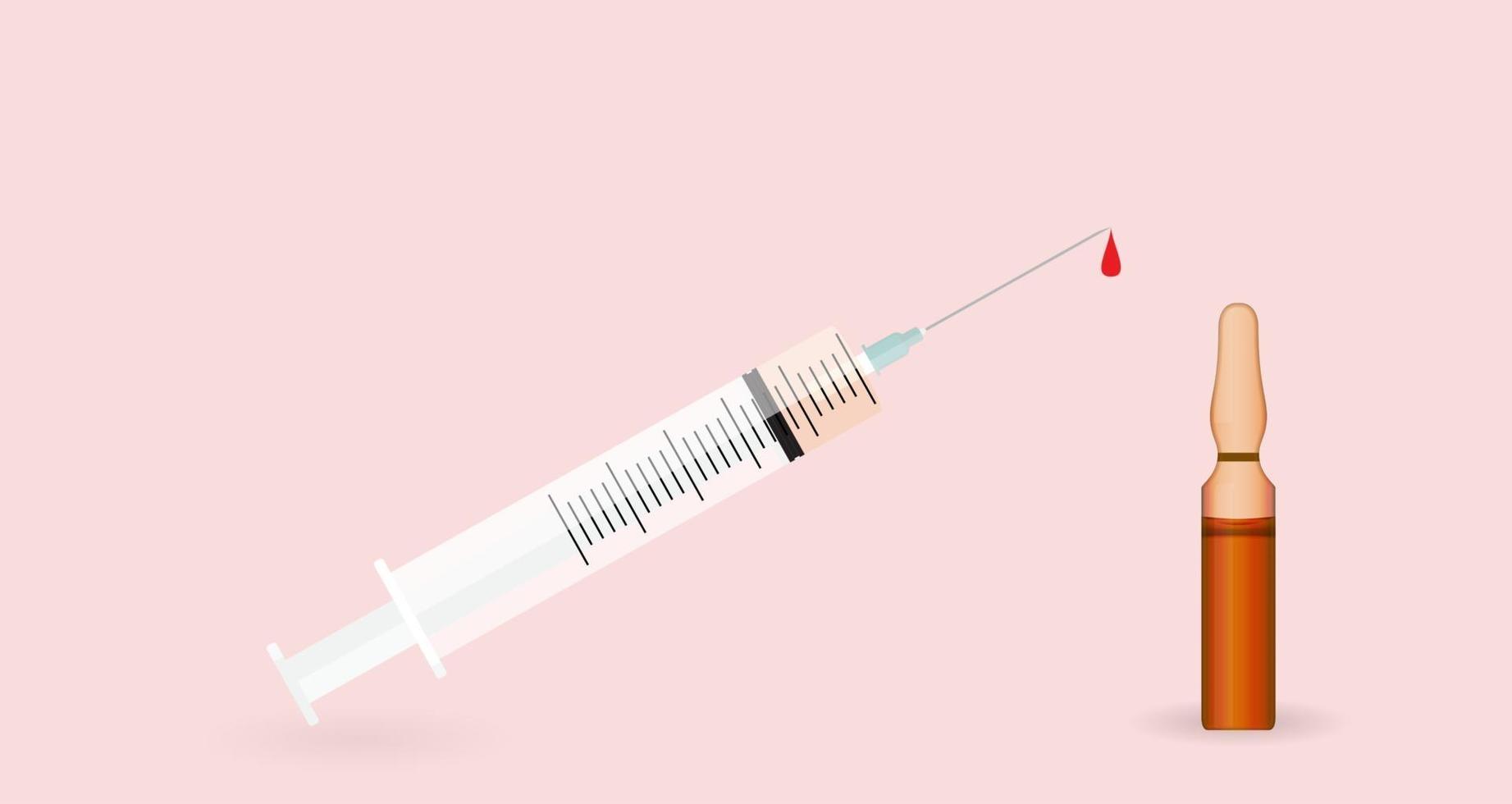 Syringe with Transparent ampoule with substance on pink background. Vector Illustration.