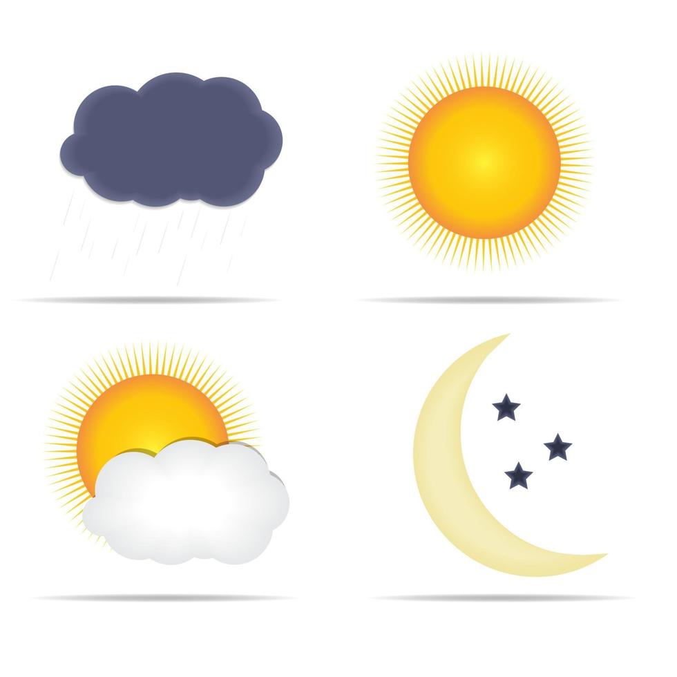 Iconos del tiempo con ilustración de vector de sol, nubes, lluvia y luna