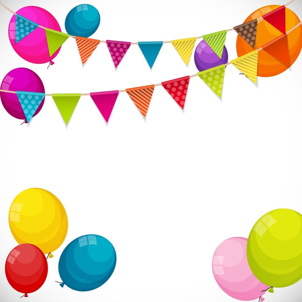 Color Glossy Happy Birthday Balloons Banner Background with Party Flag Garland Vector Illustration