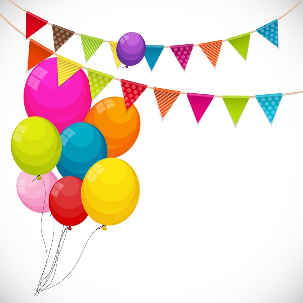 Color Glossy Happy Birthday Balloons Banner Background with Party Flag Garland Vector Illustration