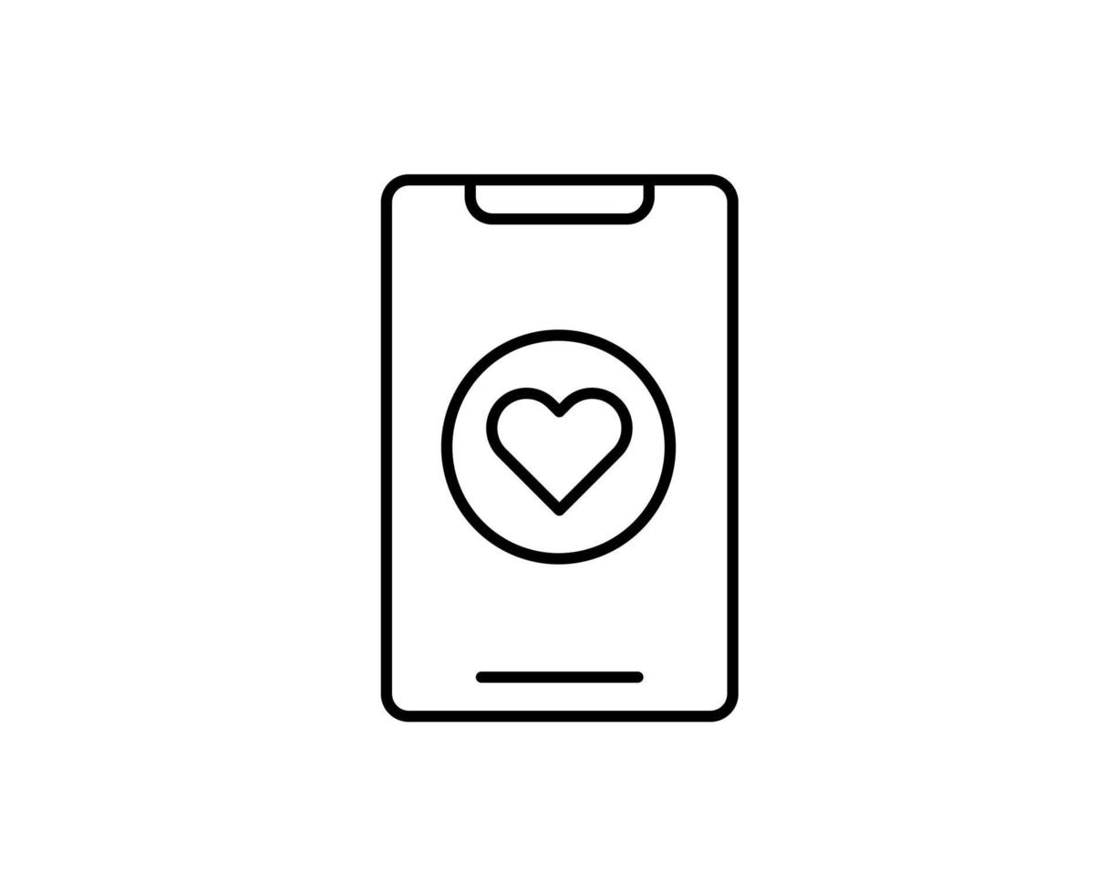 Editable black stroke weight line icon of a mobile phone dating app or application to find a love match online as a eps vector