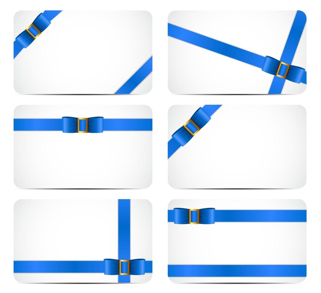 Gift Card Set with Blue Ribbon and Bow. Vector illustration