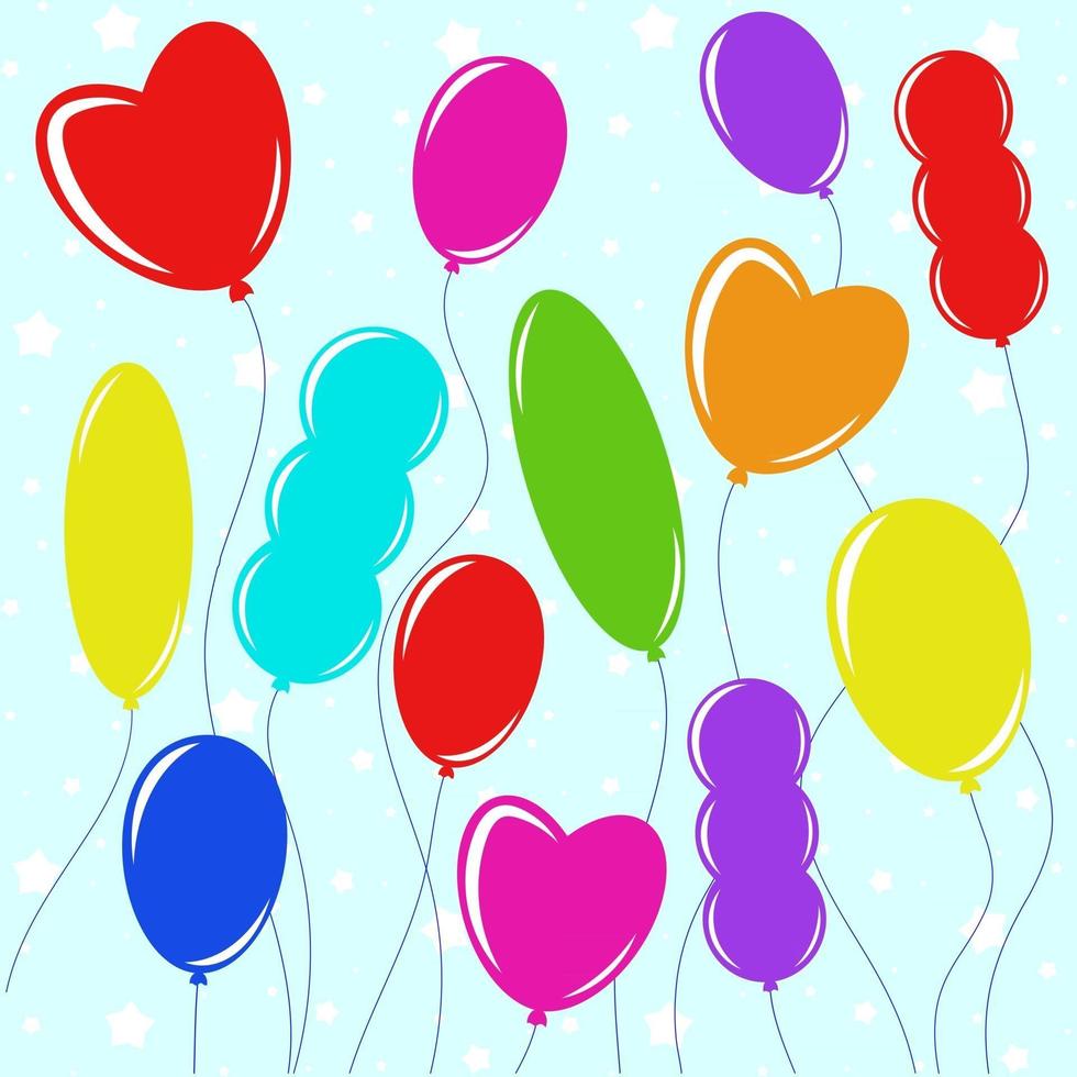 Set of flat colored isolated balloons on the clothesline. Simple drawing on a blue background vector
