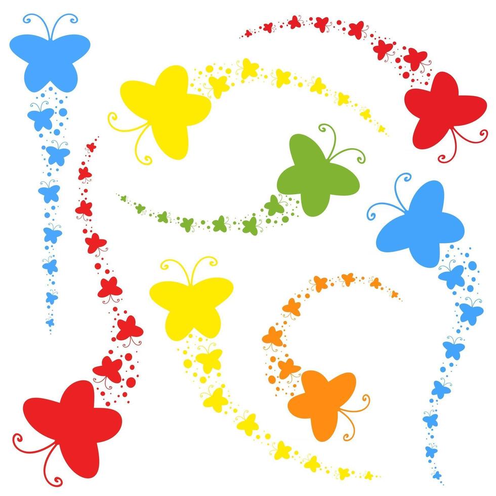 A flock of flat colored isolated butterflies flying one after another. Eight color options in the set. vector