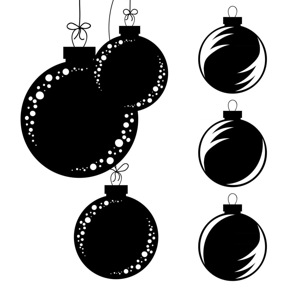 Set of flat isolated black and white silhouettes of Christmas toys balls on a white background. hanging on the rope with a bow vector