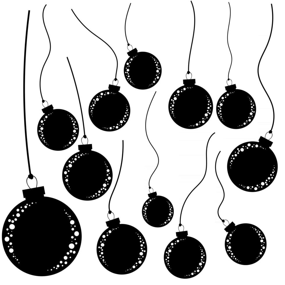 Set of Christmas balls falling down on the ropes. Flat black isolated silhouettes. vector