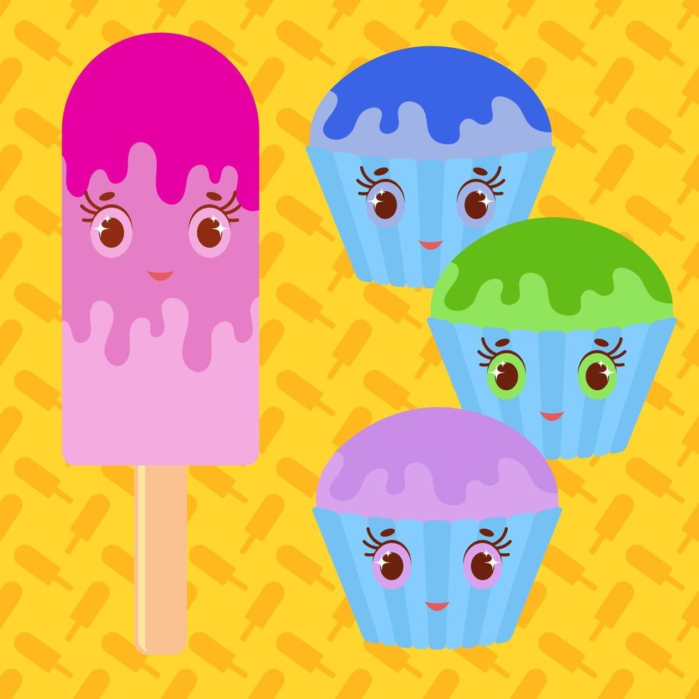 Set of flat colored isolated cartoon cakes drizzled with glaze blue, green, purple. The striped baskets. Pink Popsicle on a wooden stick smiling. Illustration on a yellow background with a pattern of orange silhouettes of ice cream vector