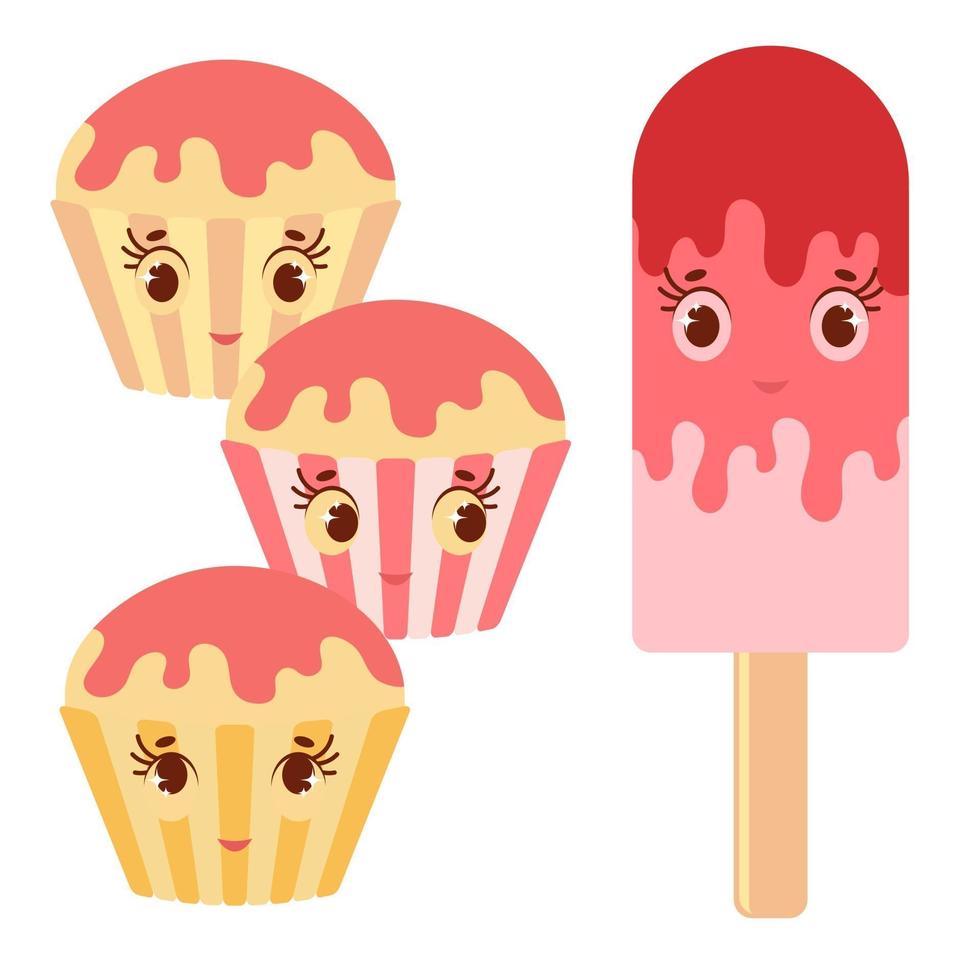 Set of flat colored isolated cartoon cake drenched with frosting is pink. The striped baskets. Pink Popsicle on a wooden stick smiling. Illustration on white background vector