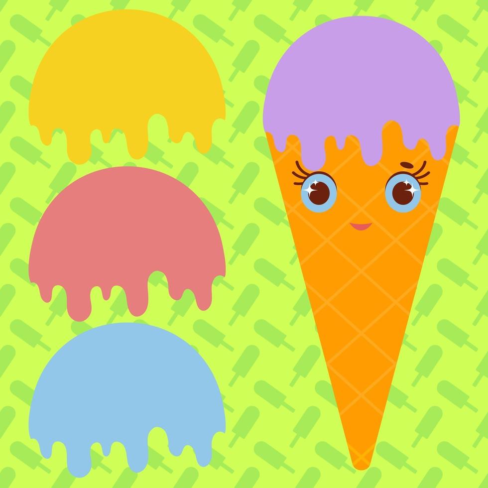 Set ice cream balls of yellow, red, purple, blue. Orange cartoon waffle cone smiles. Flat coloured pattern on light green background. vector