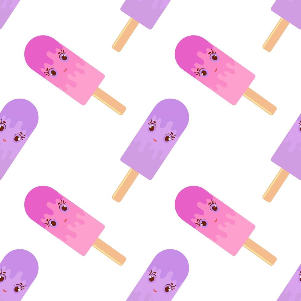 Seamless pattern of flat cartoon smiling purple and pink Popsicles on wooden sticks. Watered colored glaze. On a white background. vector