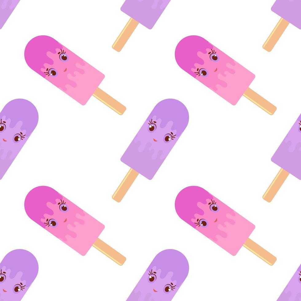 Seamless pattern of flat cartoon smiling purple and pink Popsicles on wooden sticks. Watered colored glaze. On a white background. vector