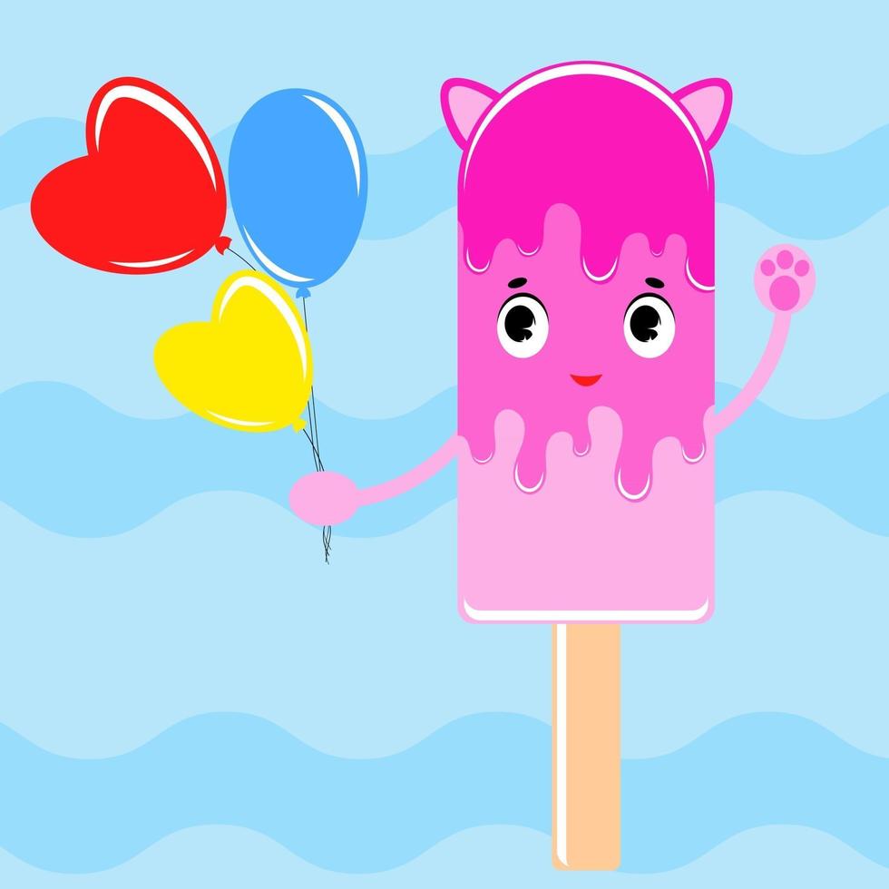 Flat colored isolated striped ice cream sprinkled with a pink glaze. On a wooden stick. With a bunch of bright water balloons in his hand. A simple drawing on a blue background. vector