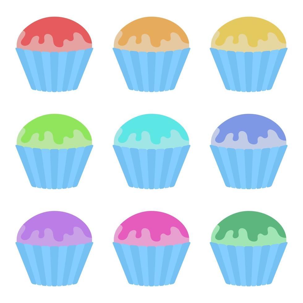 Set of flat colored isolated cakes drizzled with glaze. The striped baskets. Delicious color on a white background vector