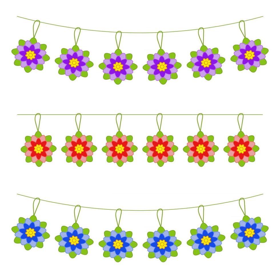 Set of flat colored isolated garlands of flowers. Suitable for design. vector