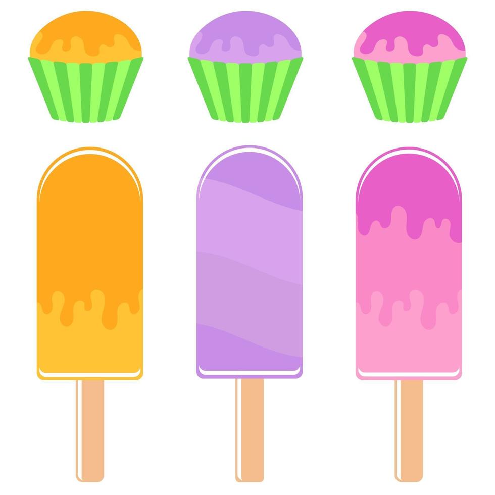 Set of flat colored insulated Popsicle drizzled with icing cakes and muffins in baskets. On a white background. vector