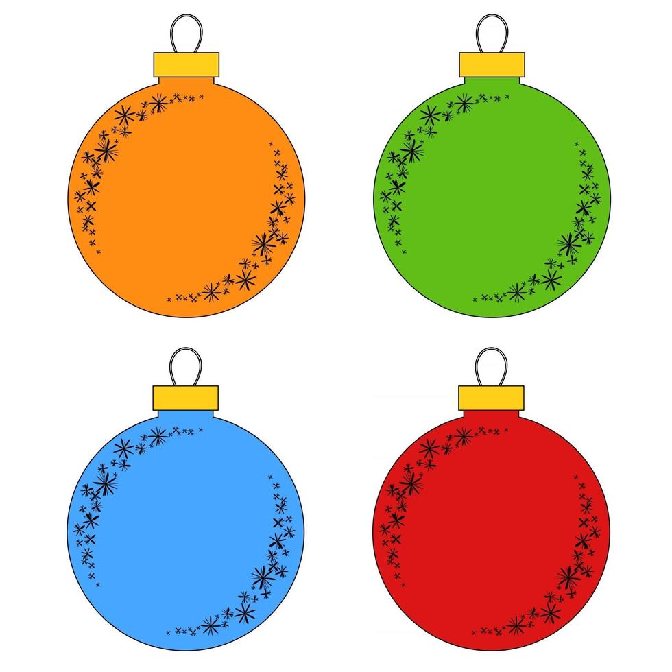 Flat colored set of isolated Christmas toys in the form of balls of blue, green, red, orange. With a black outline. Simple design for processing. vector