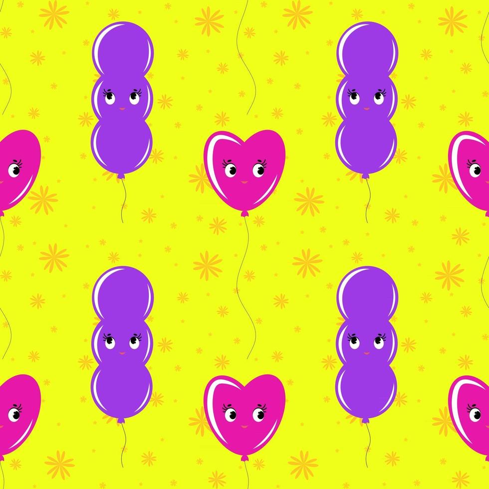 Color seamless pattern of balloons cartoon. Simple flat illustration on yellow background vector