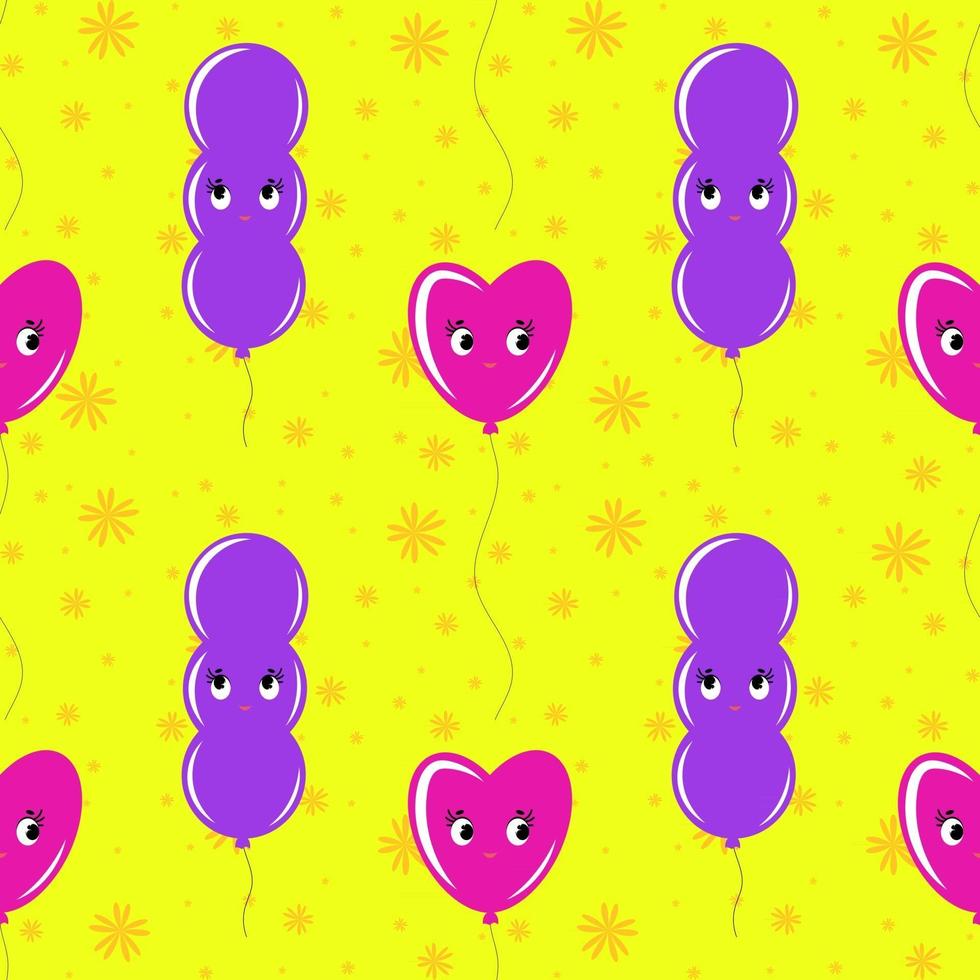 Color seamless pattern of balloons cartoon. Simple flat illustration on yellow background vector