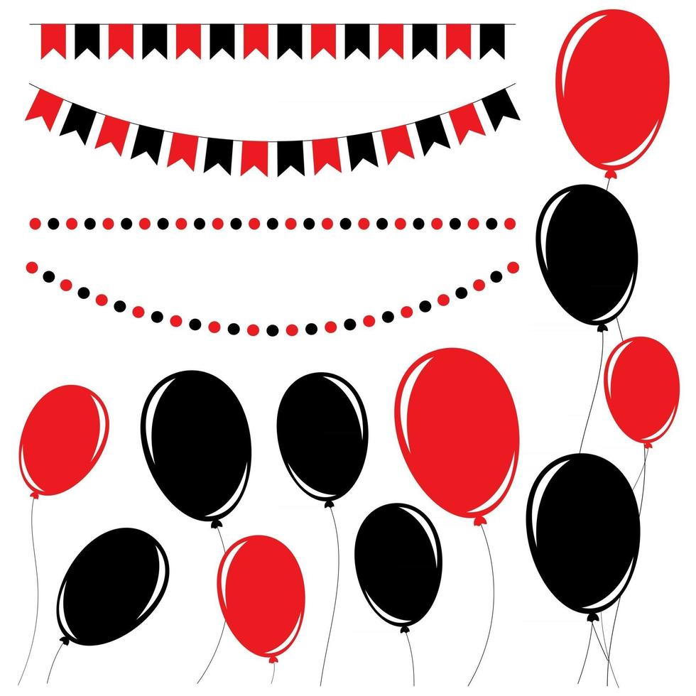 Set of flat black and red isolated silhouettes of balloons on ropes and garlands of flags. vector