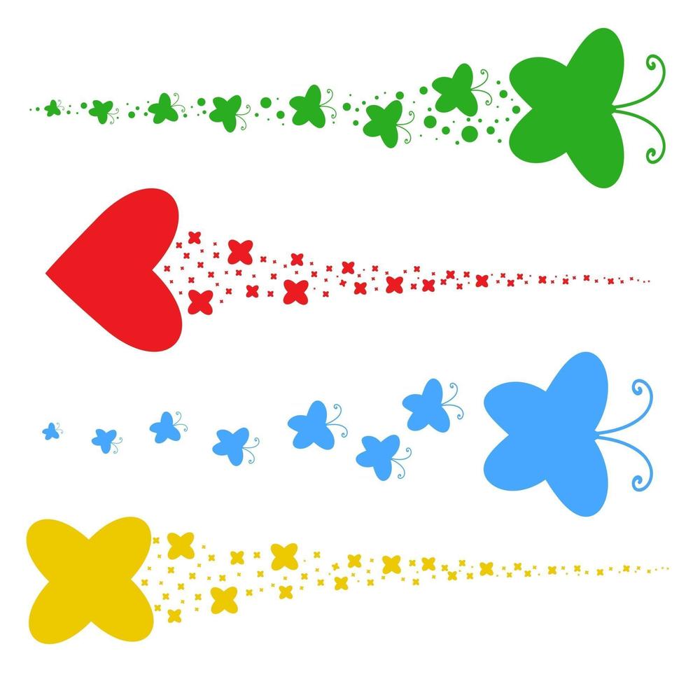 conjunto de siluetas de colores. una bandada de mariposas planas abstractas, corazones, estrellas volando una tras otra. vector