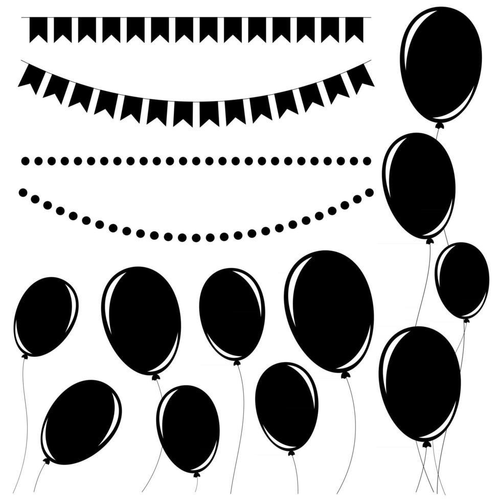 Set of flat black isolated silhouettes of balloons on ropes and garlands of flags. vector