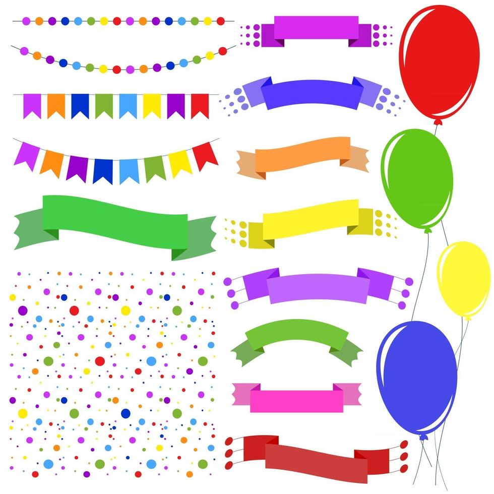 Set of flat colored insulated garlands, confetti, ribbons of banners and balloons on ropes on a white background. Suitable for design. vector