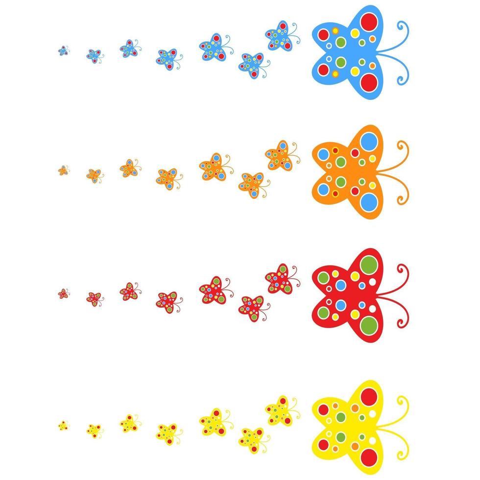 una bandada de mariposas aisladas de colores planos volando una tras otra. cuatro opciones de color en el conjunto. vector