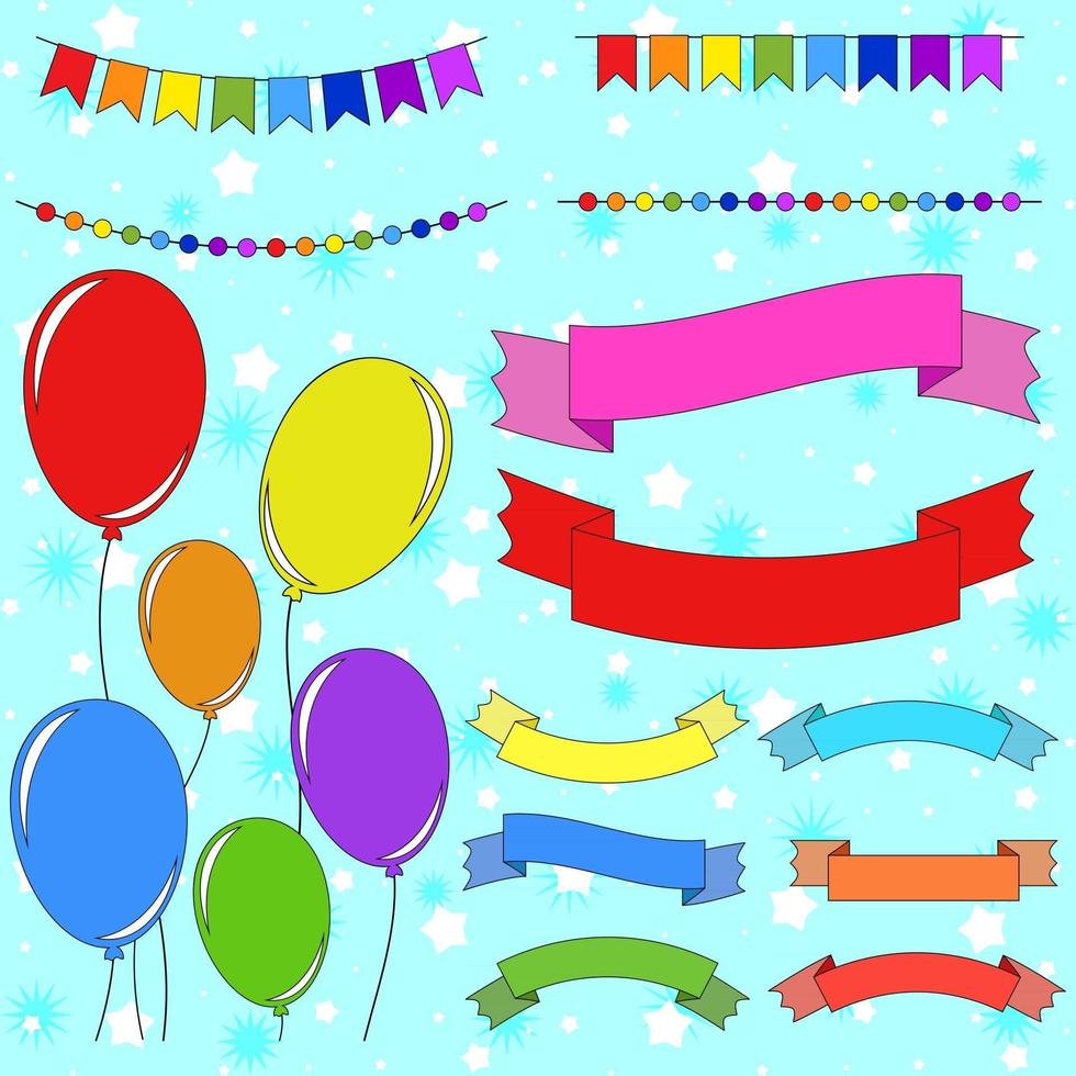 Set of flat colored isolated balloons on ropes. Set of garlands and ribbons of banners vector