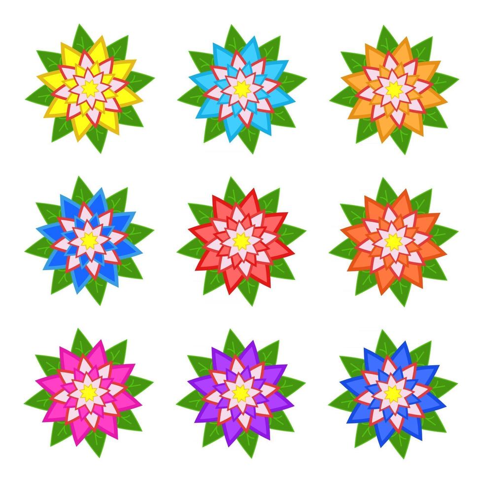Set of flat colored abstract flowers isolated on white background. Simple design for decoration vector