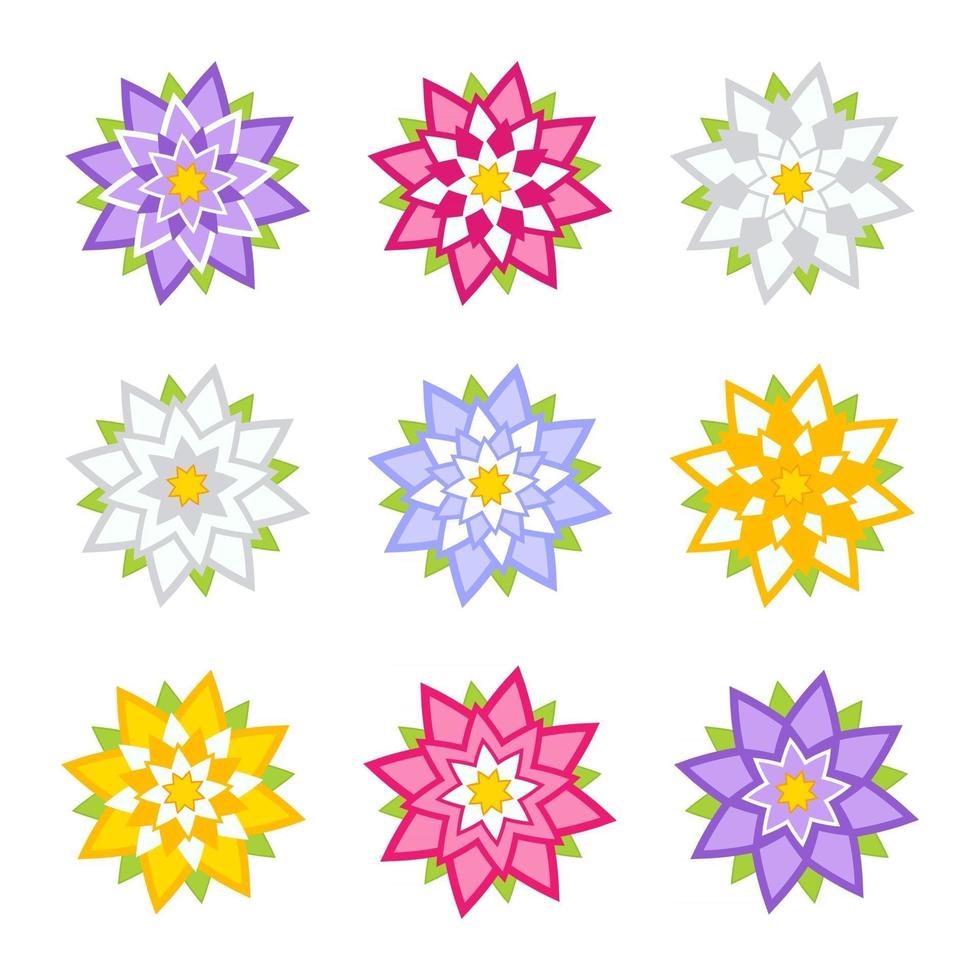 Set of flat colored abstract flowers isolated on white background. Simple design for decoration vector