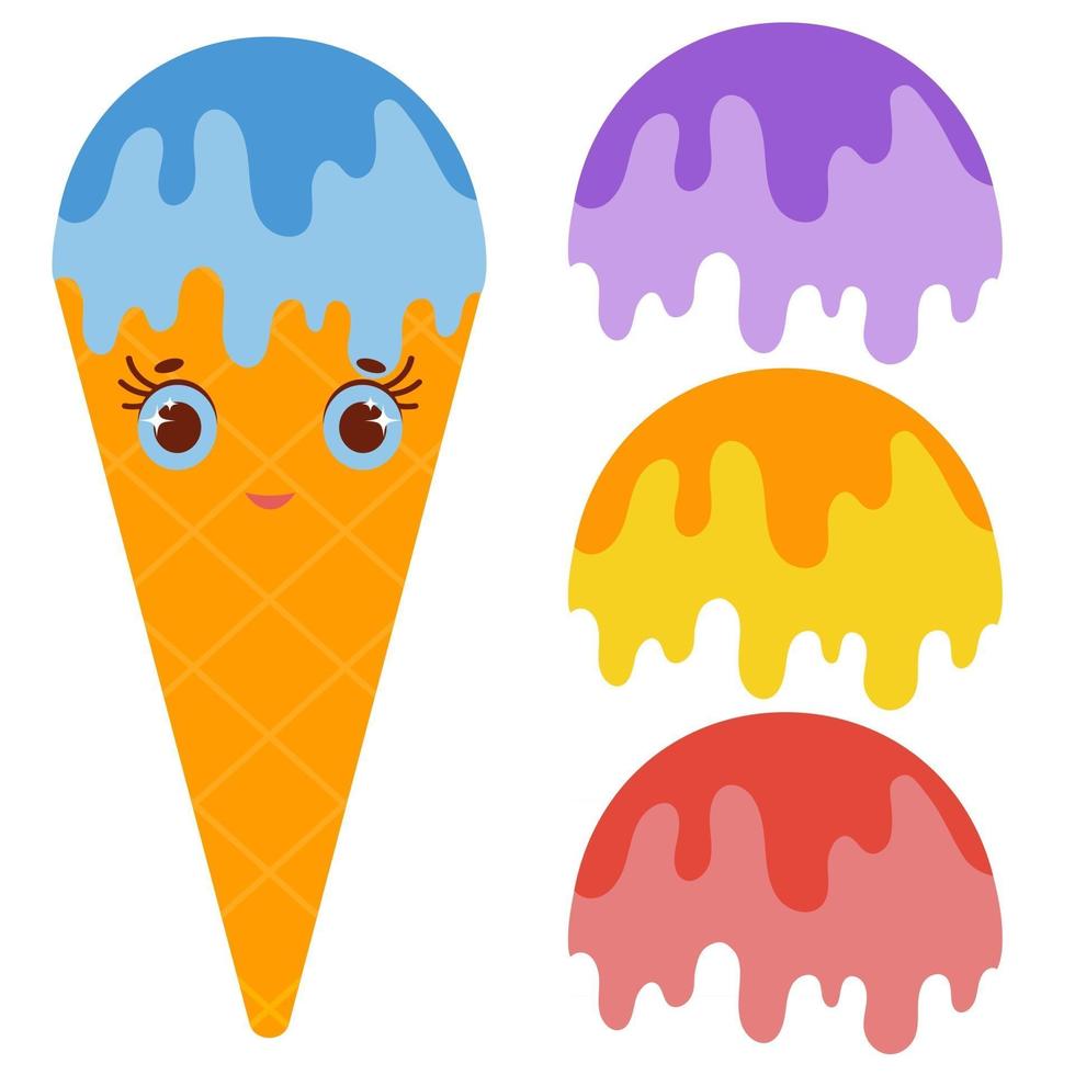 Set ice cream balls of yellow, red, purple, blue. Drizzled with glaze. Orange cartoon waffle cone smiles. Flat colored drawing on a white background. vector