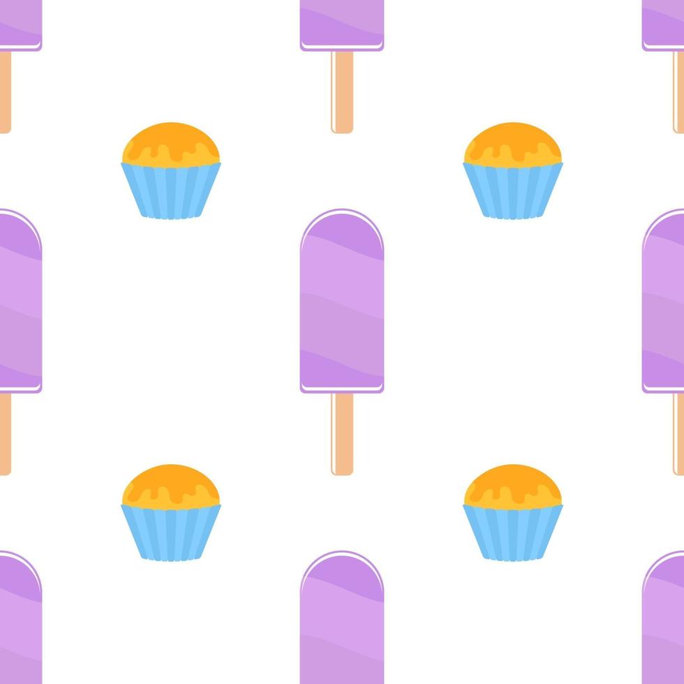 Seamless pattern of flat purple Popsicles on wooden sticks. Watered colored glaze. On a white background. vector