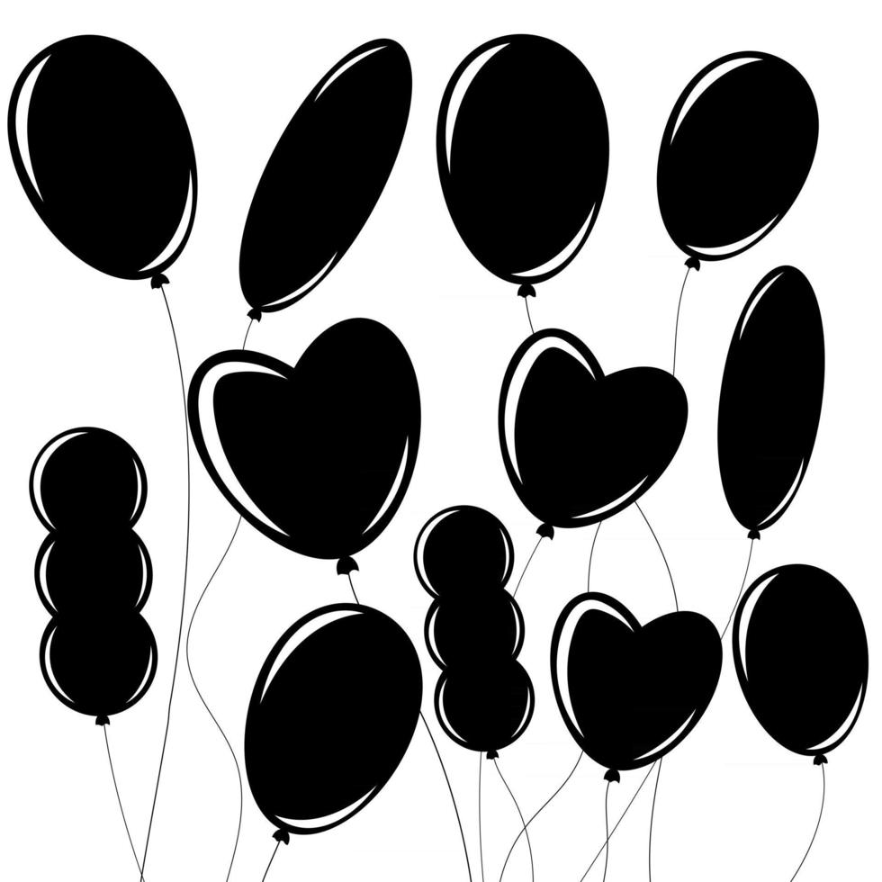 Set of flat isolated black silhouettes of balloons on ropes. Simple design on white background vector