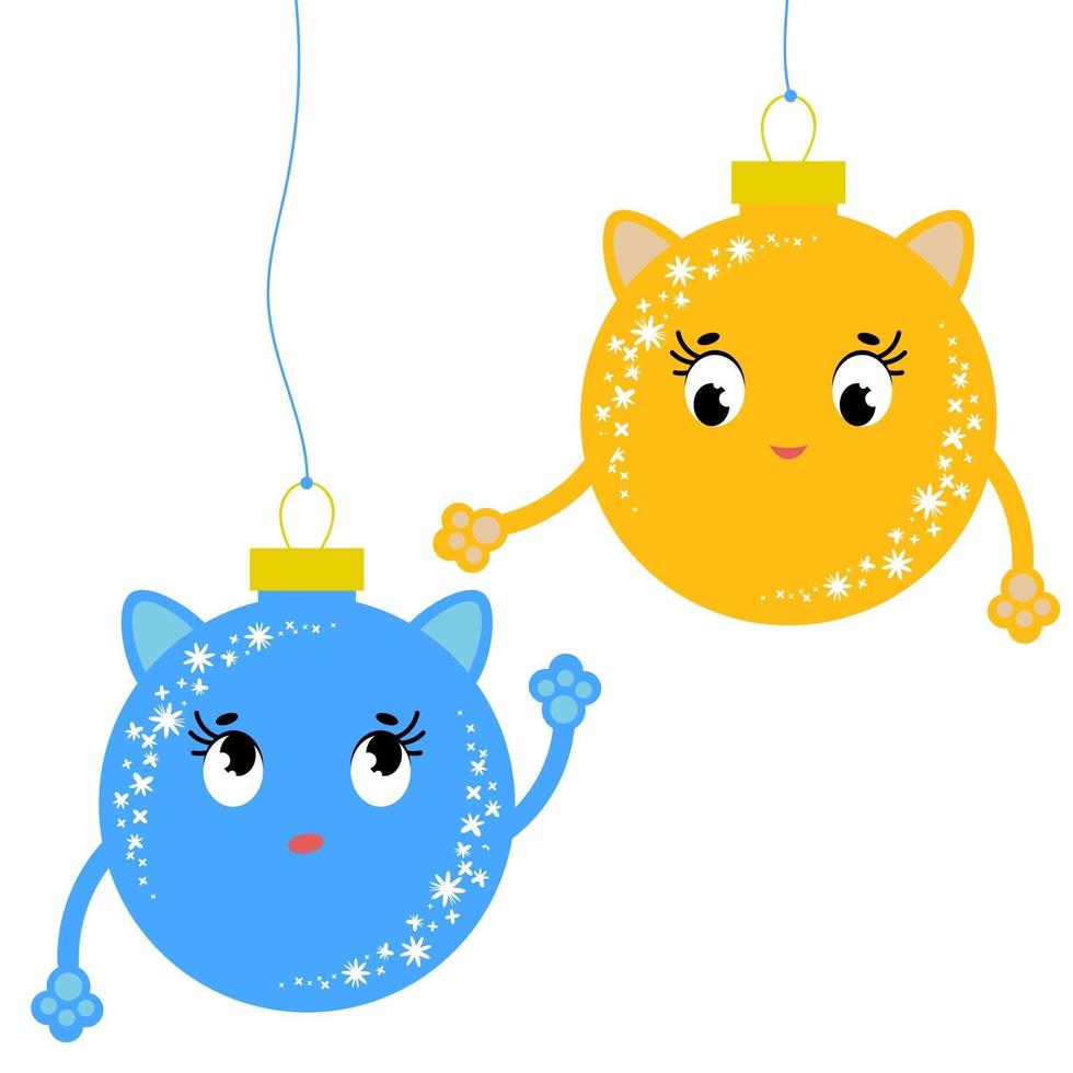 conjunto de bolas de Navidad aisladas de colores planos en forma de bolas. dibujos animados de gatos con patas. diseño simple sobre un fondo blanco vector