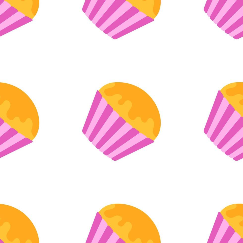 Color seamless pattern of delicious pink cakes with frosting. Simple flat illustration on white background vector