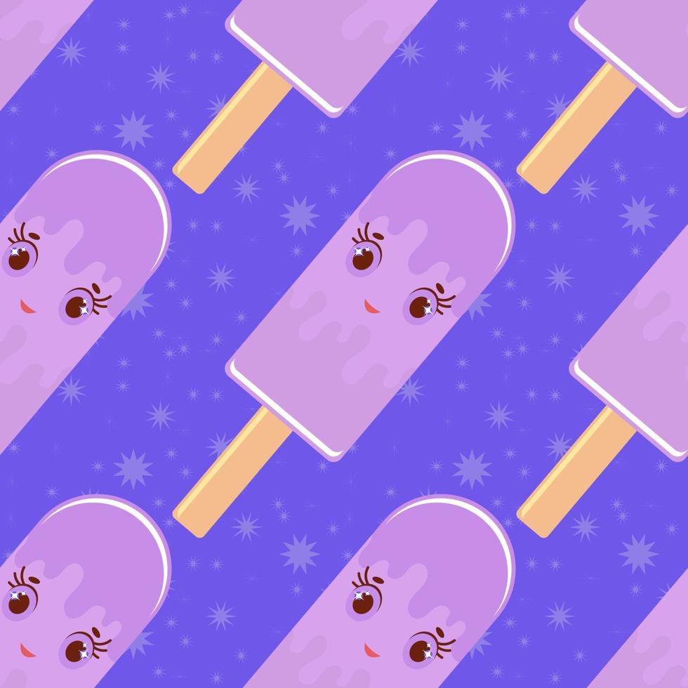 Seamless pattern of smiling cartoon purple Popsicles on wooden sticks. watered colored glaze. On a blue background. vector