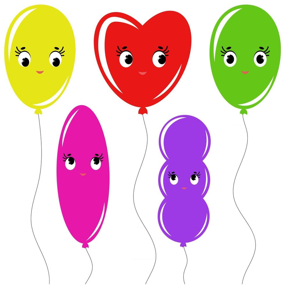 Set of flat colored isolated balloons cartoon on the ropes. Simple drawing on a white background vector