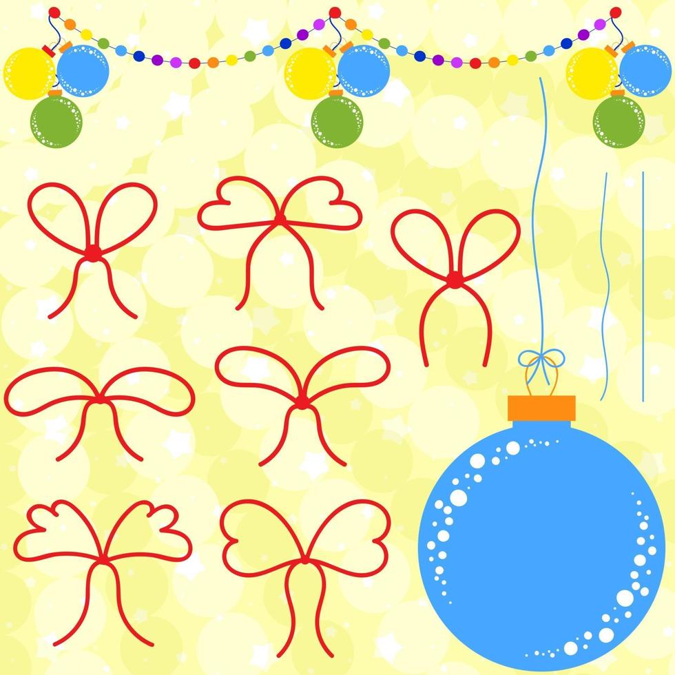Set of flat red bows and ropes to Christmas decorations. Garland and blue Christmas ball on a yellow background vector