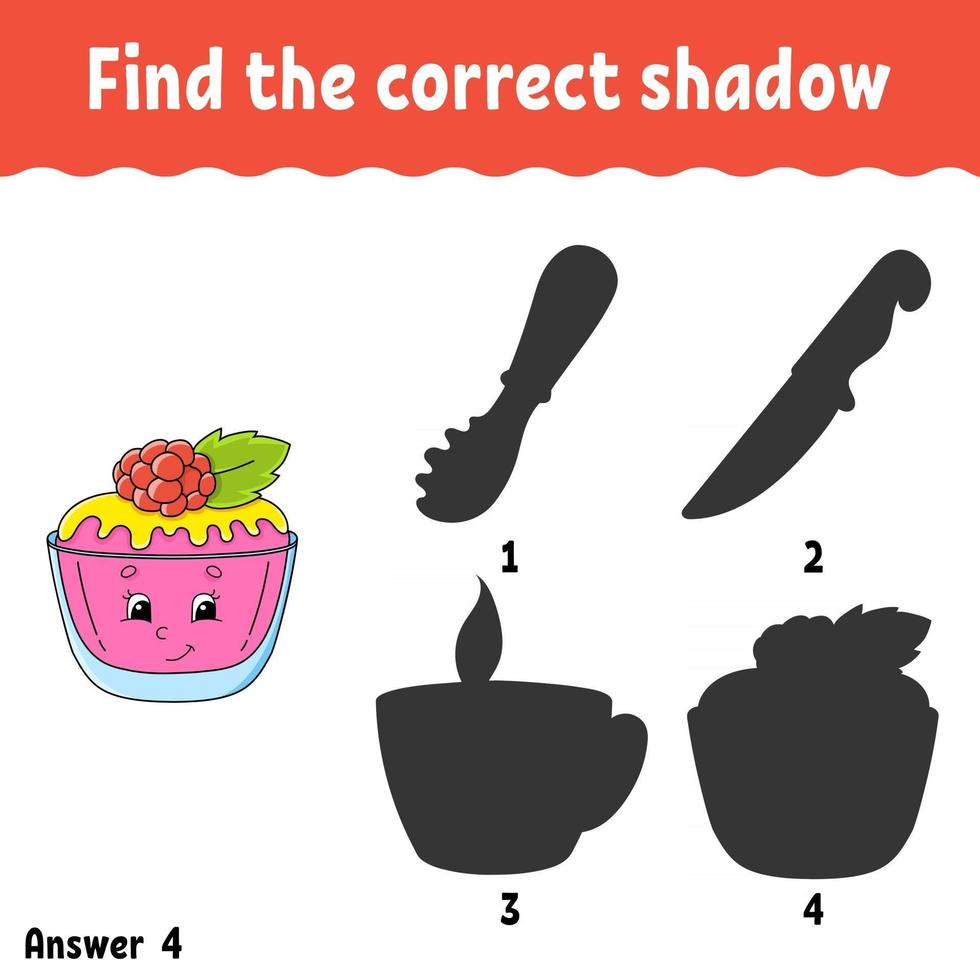 Find the correct shadow. Education developing worksheet. Matching game for kids. Activity page. Puzzle for children. Cartoon character. Isolated vector illustration.