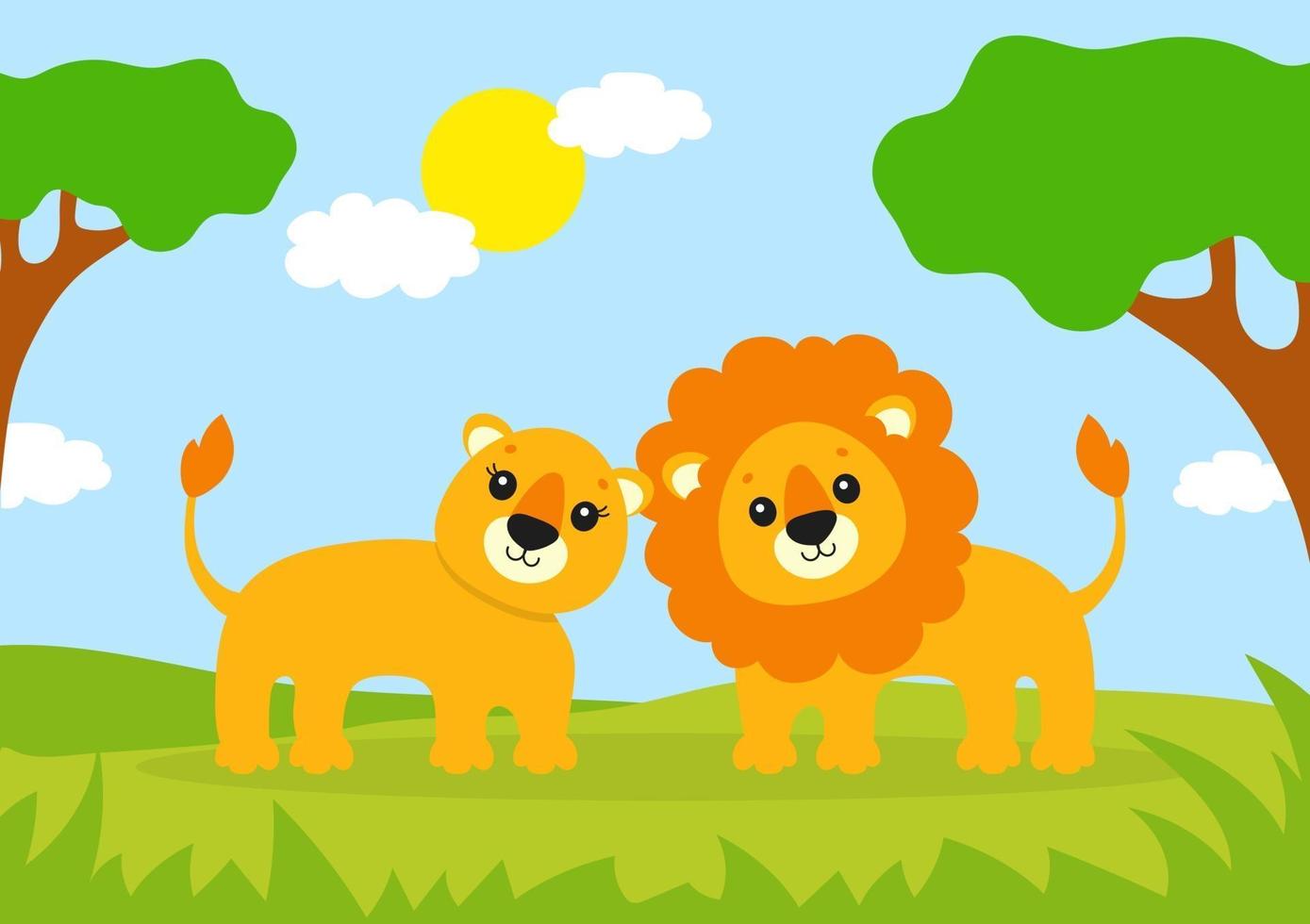 Download Cute lion and lioness. Wild animal. Cartoon character. Colorful vector illustration. Isolated on ...