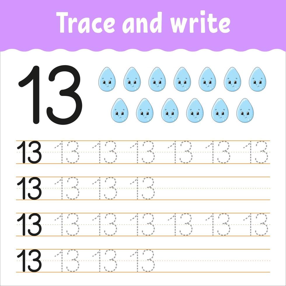Learn Numbers. Trace and write. Handwriting practice. Learning numbers for kids. Education developing worksheet. Color activity page. Isolated vector illustration in cute cartoon style.