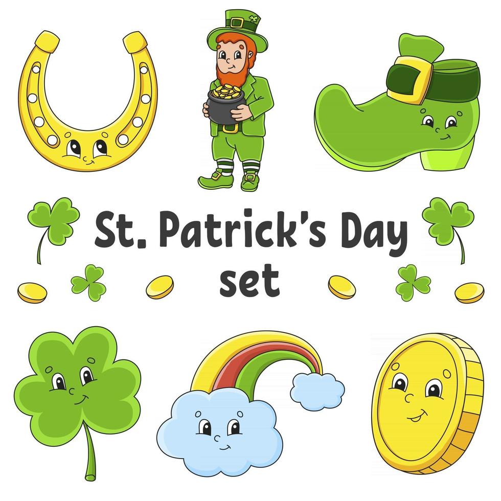 conjunto de pegatinas con lindos personajes de dibujos animados. S t. día de San Patricio. dibujado a mano. paquete de colores. ilustración vectorial. colección de insignias de parche para niños. para planificador diario, organizador, diario. vector