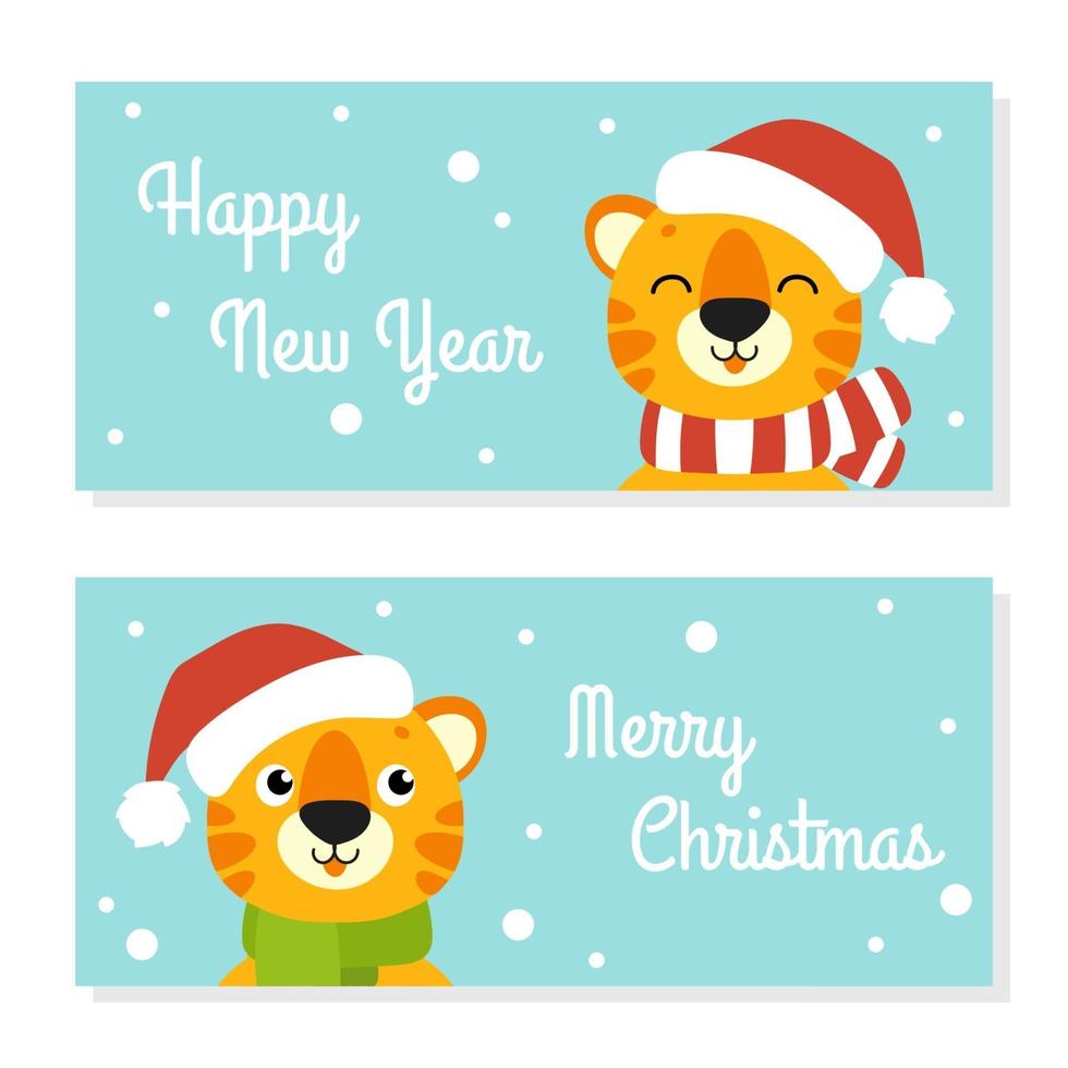 Gift color greeting card. Tiger simbol in a santa hat. Cute cartoon character. Happy New Year and Merry Christmas. Flat style. Vector illustration.