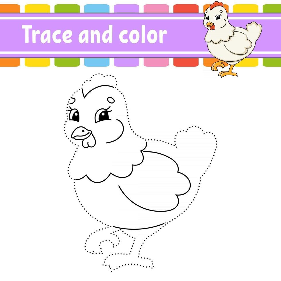 Trace and color. Coloring page for kids. Handwriting practice. Education developing worksheet. Activity page. Game for toddlers. Isolated vector illustration. Cartoon style.