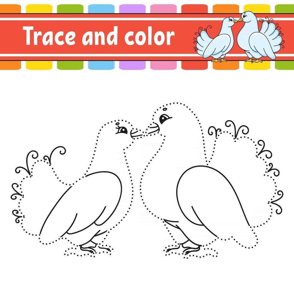 Trace and color. Coloring page for kids. Handwriting practice. Education developing worksheet. Activity page. Game for toddlers. Isolated vector illustration. Cartoon style.