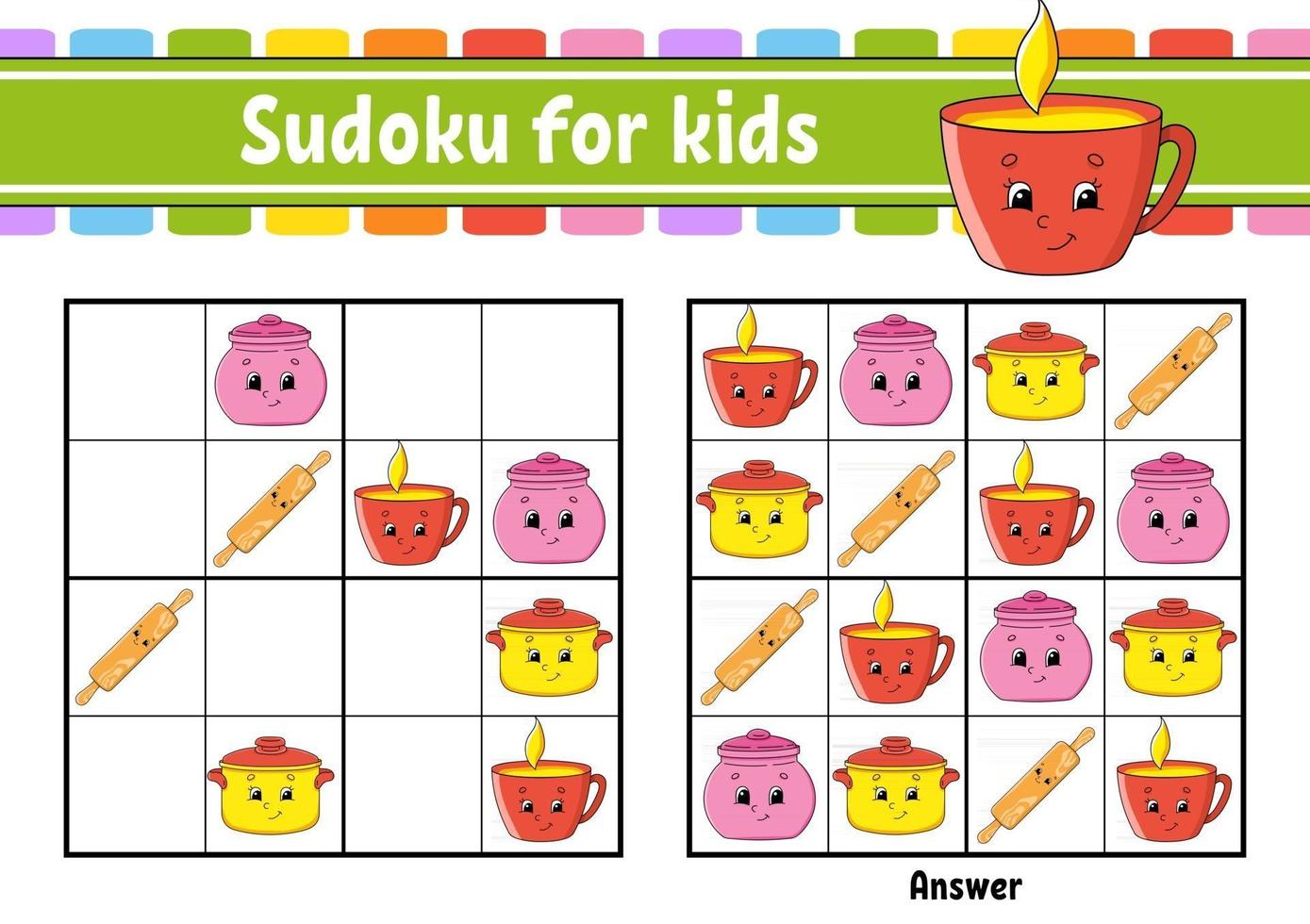 Dishware theme. Sudoku for kids. Education developing worksheet. Cartoon character. Color activity page. Puzzle game for children. Logical thinking training. Isolated vector illustration.