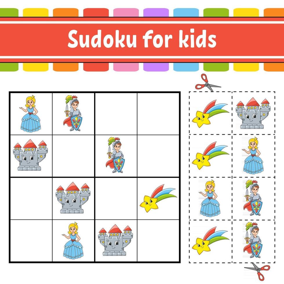 sudoku para niños. tema de cuento de hadas. hoja de trabajo de desarrollo educativo. página de actividades con imágenes. juego de rompecabezas para niños. ilustración vectorial aislada. personaje divertido. estilo de dibujos animados. vector