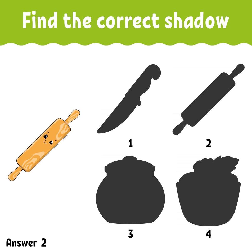 Find the correct shadow. Education developing worksheet. Matching game for kids. Activity page. Puzzle for children. Cartoon character. Isolated vector illustration.